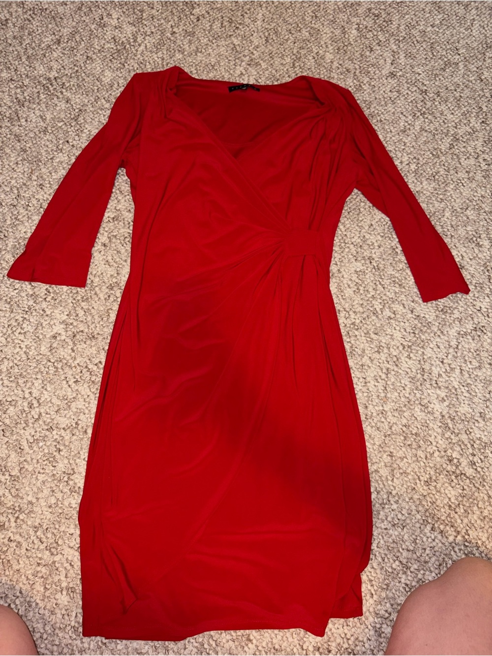 Tiana B. Red V-Neck Wrap Dress with Three-Quarter Sleeves